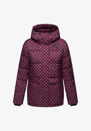 Vooderdatud jakk kõrge kaelusega, millel on roosa ja must houndstooth muster. Kätised on elastsed ja esiosas on taskud.