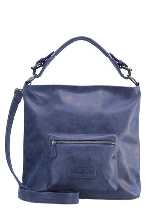 Sac à main en cuir bleu marine avec poignée supérieure, bandoulière réglable et poche avant zippée.