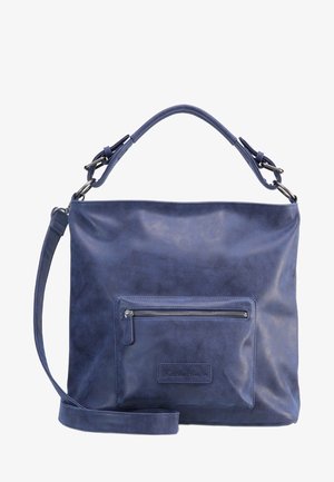 Sac à main en cuir bleu marine avec poignée supérieure, bandoulière réglable et poche avant zippée.
