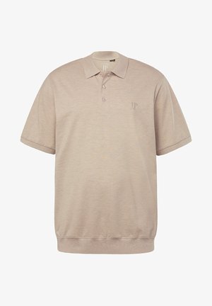 Polo shirt beige a maniche corte realizzato in tessuto morbido, con colletto, pattina con due bottoni e logo in rilievo sul petto.