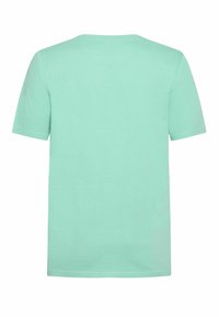 Camiseta de manga corta en verde menta con un cuello redondo clásico, hecha de suave tela de algodón, que presenta una textura lisa y un diseño limpio y simple.