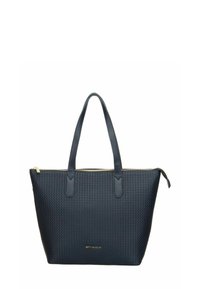 Sac cabas noir texturé avec deux poignées et une fermeture éclair dorée, arborant un petit logo de marque doré au centre avant.