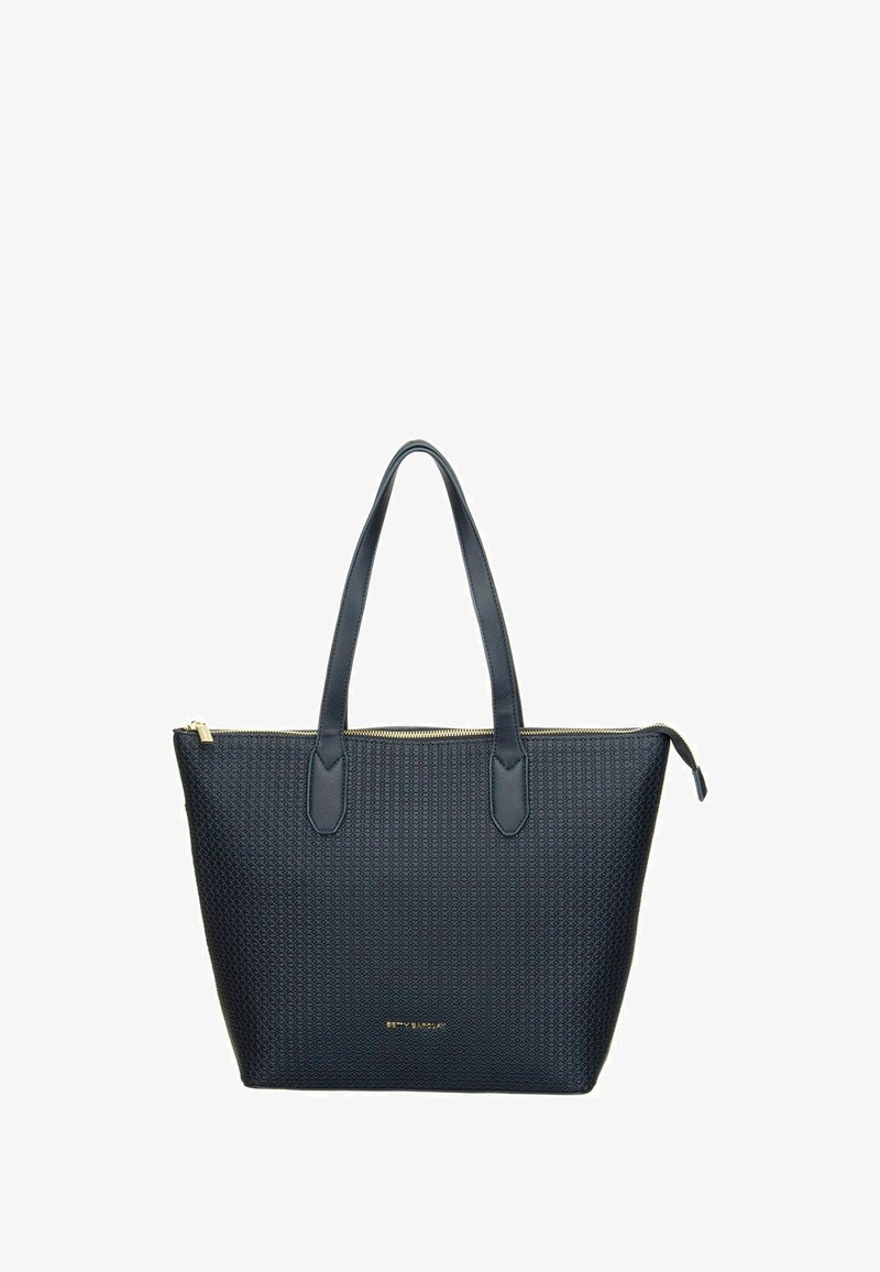 Sac cabas noir texturé avec deux poignées et une fermeture éclair dorée, arborant un petit logo de marque doré au centre avant.