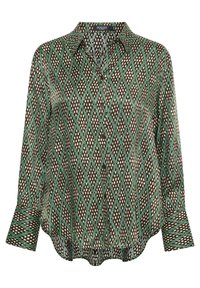 Camicia a maniche lunghe con bottoni di colore marrone e verde, caratterizzata da un motivo a diamante e colletto, con un orlo leggermente curvo.