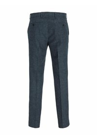 Wollmischung, maßgeschneiderte Hosen, dunkelgraue Farbe, schlanker Schnitt, mit Gesäßtaschen und Gürtelschlaufen, mit feiner Textur und einem schlichten Design.