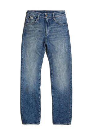 Sinine denim püksid sirge lõikega, kerge kulumine ja peened kulumised. Omab viit taskut ja nööpide sulgemist.
