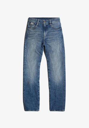 Blaue Denim-Jeans mit geradem Schnitt, leichter Ausbleichung und subtiler Waschung. Verfügt über fünf Taschen und einen Knopfverschluss.