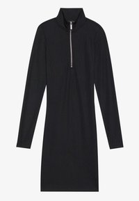 Rochie neagră cu mâneci lungi, guler înalt și fermoar pe jumătate în față. Confecționată dintr-un material cu textura ribbed, creând un aspect texturat.