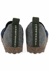 Šedé klouzavé boty s tmavě modrým svrškem, zelenou textilní patou a korkovou podrážkou s cik-cak okraji. Název značky vytištěný na patě.