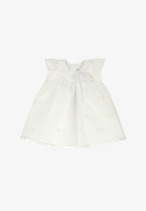 Robe blanche avec manches à volants, fleurs brodées et un accent circulaire en tissu. Texture douce avec une jupe évasée pour faciliter le mouvement.