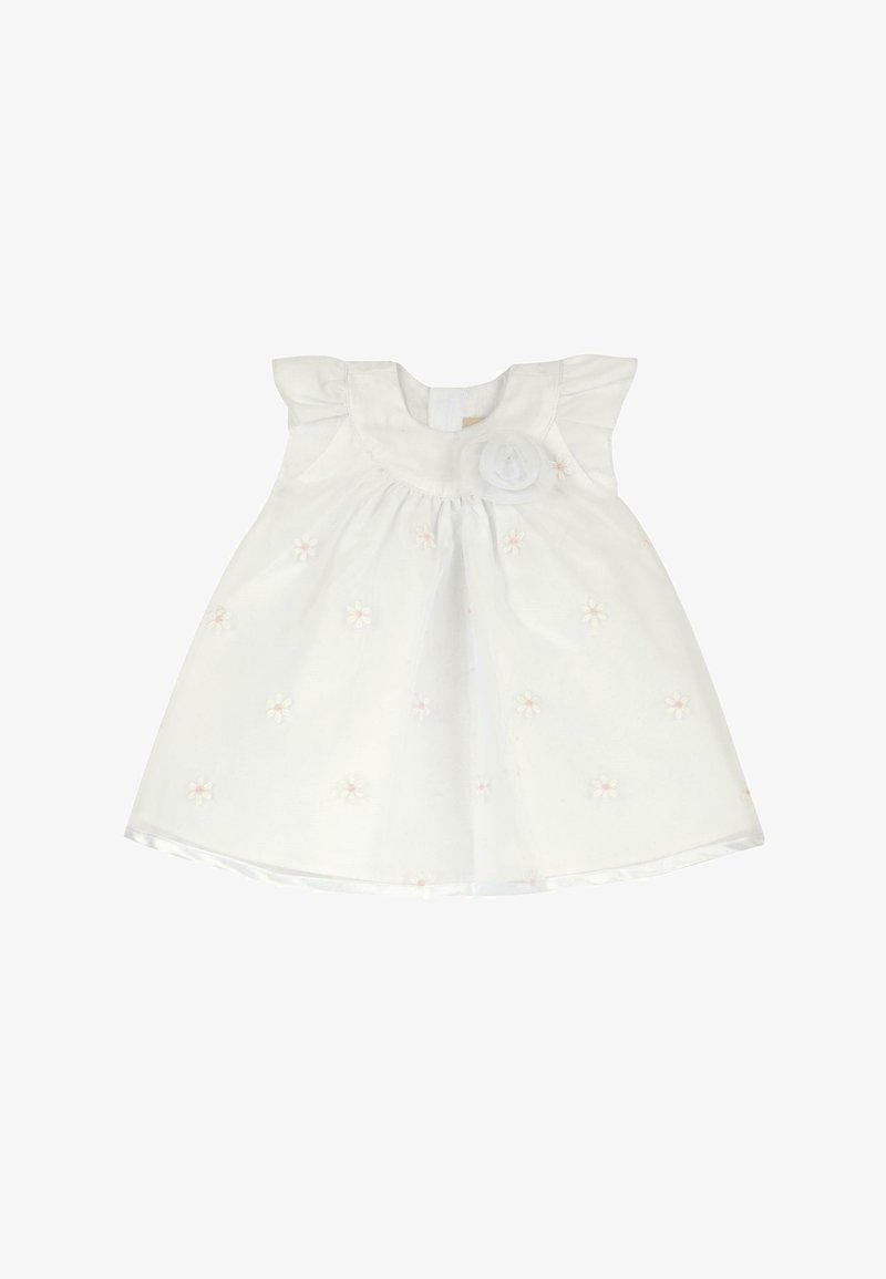 Robe blanche avec manches à volants, fleurs brodées et un accent circulaire en tissu. Texture douce avec une jupe évasée pour faciliter le mouvement.