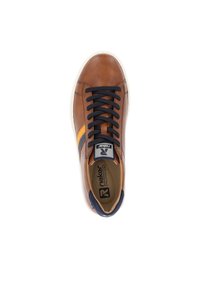 Brown leather sneaker with black laces, a white sole, and an orange zigzag pattern on the side. Features a cushioned interior label.
