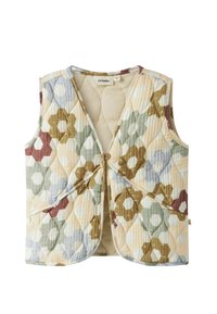 Tikitud varrukateta vest kuuekandilise lillemustriga uinutavates beeži, rohelise, sinise ja pruuni toonides, millel on üksesise eesmine nupp ja ümmargused taskud.