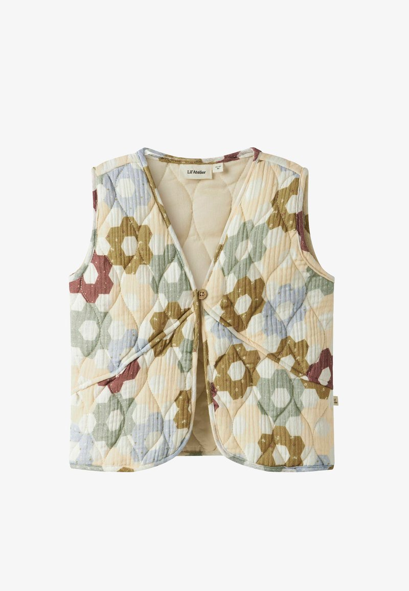 Tikitud varrukateta vest kuuekandilise lillemustriga uinutavates beeži, rohelise, sinise ja pruuni toonides, millel on üksesise eesmine nupp ja ümmargused taskud.