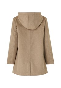 Beige wollen jas met een capuchon, met een rechte snit, zijzakken en een nette achternaad. Zachte textuur met een gladde afwerking.