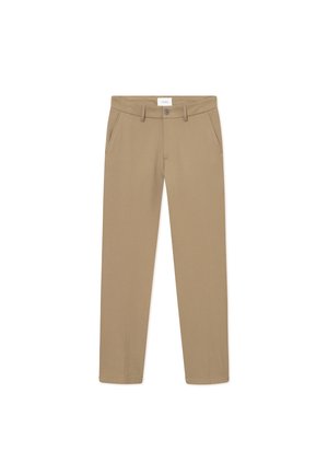 Pantalon beige avec une texture lisse, coupe droite, poches avant et fermeture à bouton. Étiquette visible à la taille.