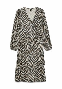 Ietinama kleita ar bēša un melna zebras rakstu. Raksturo garas pūdera piedurknes, piespiestu vidukli un mīkstu, plūstošu auduma struktūru.