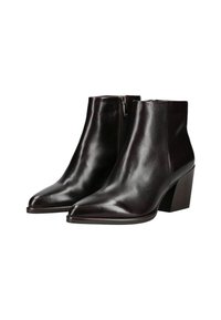 Stivaletti neri in pelle con punta appuntita e chiusura a zip. Presentano un tacco largo e una texture liscia, adatti per vari outfit.