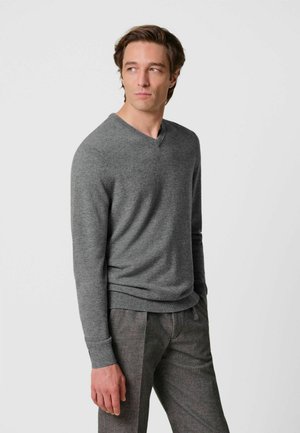 Uomo dalla pelle chiara e capelli castani, che indossa un maglione grigio con scollo a V e pantaloni grigi, guarda verso sinistra su uno sfondo chiaro e uniforme.
