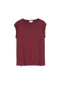 Burgundské tričko s krátkým rukávem vyrobené z měkké látky. Kulatý výstřih s volným střihem. Jednoduchý design bez dalších vzorů nebo akcentů.