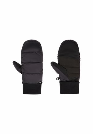 Paar schwarze isolierte Fäustlinge mit gerippten Handgelenkbündchen, Vorder- und Handfläche vor weißem Hintergrund zeigend.