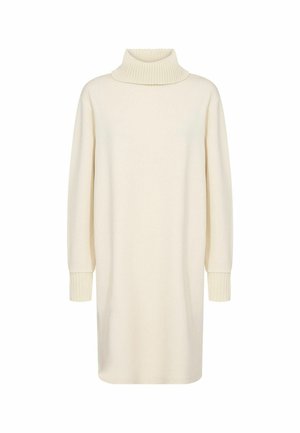 Cream-colored oversized sweater dress with a ribbed turtleneck and cuffs, featuring a straight silhouette and soft texture.