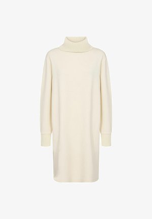 Cream-colored oversized sweater dress with a ribbed turtleneck and cuffs, featuring a straight silhouette and soft texture.