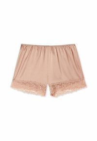Ljust rosa satinshorts med elastisk midja och blommig spetskant vid fållen. Slät textur med en avslappnad passform, midjehöjd.