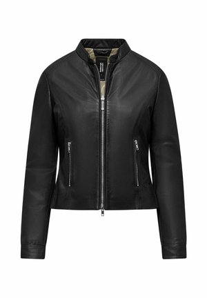 Giubbotto in pelle nera con design bomber, dotato di zip frontale, colletto rialzato e due tasche laterali con zip. Finitura liscia e vestibilità sartoriale.