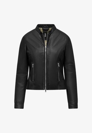 Zwarte leren jack met een bomberontwerp, voorzien van een ritssluiting aan de voorkant, een staande kraag en twee ritszakken aan de zijkant. Gladde textuur en op maat gemaakte pasvorm.