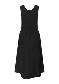 Svart ärmlös klänning med en figurnära bodice och en utsvängd kjol. Tyget är slätt med en lätt lyster. Enkelt mönster utan dekorationer.