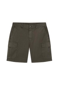 Pantaloni scurți cargo de culoare verde olive, confecționați din bumbac, cu închidere frontală cu nasture, două buzunare laterale și două buzunare mari cargo pe lateral.