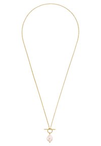 Gouden ketting met een druppelvormige parelpendant met een gladde oppervlakte en een sluiting met een toggle. Eenvoudig en elegant ontwerp.