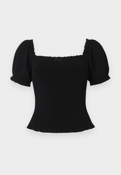 Μαύρο εφαρμοστό τοπ με φουσκωτά κοντά μανίκια, τετράγωνο ντεκολτέ, μικρό φιόγκο στο κέντρο και βολάν στο τελείωμα.