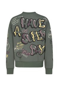 Green sweatshirt with graphic text in black, purple, and yellow. Features a crew neck, ribbed cuffs, and playful doodle-style illustrations.