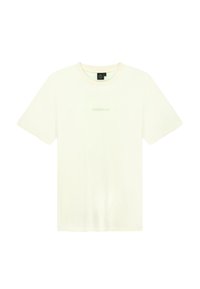 Crème-kleurig katoenen T-shirt met korte mouwen, ronde halslijn en subtiele branding in lichtgroen op het midden van de voorkant.