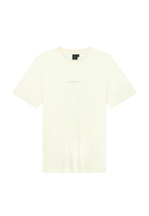 Crème-kleurig katoenen T-shirt met korte mouwen, ronde halslijn en subtiele branding in lichtgroen op het midden van de voorkant.
