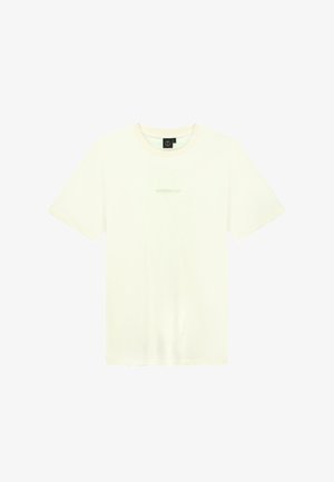 Crème-kleurig katoenen T-shirt met korte mouwen, ronde halslijn en subtiele branding in lichtgroen op het midden van de voorkant.