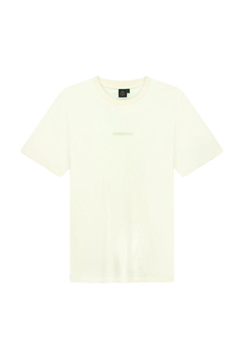 Crème-kleurig katoenen T-shirt met korte mouwen, ronde halslijn en subtiele branding in lichtgroen op het midden van de voorkant.