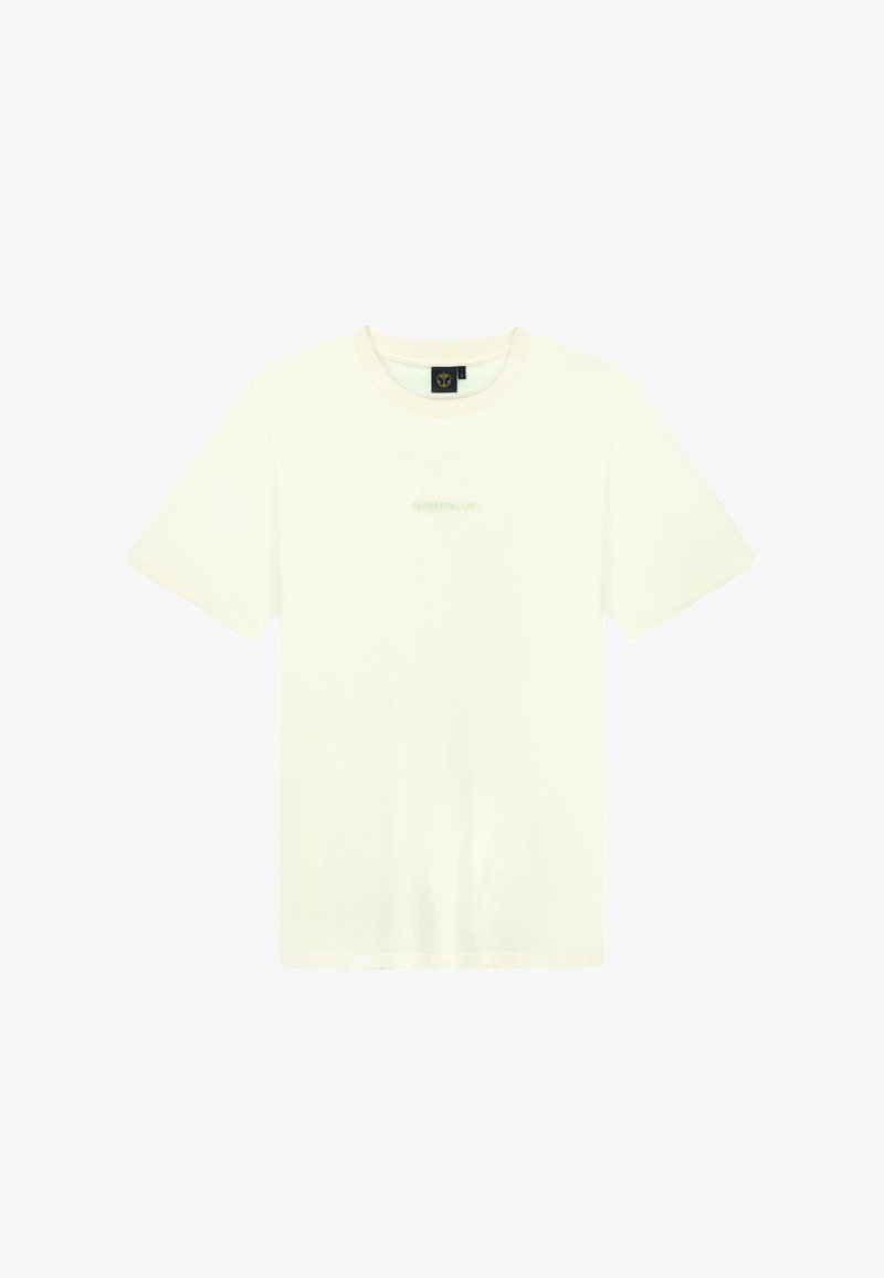 Crème-kleurig katoenen T-shirt met korte mouwen, ronde halslijn en subtiele branding in lichtgroen op het midden van de voorkant.