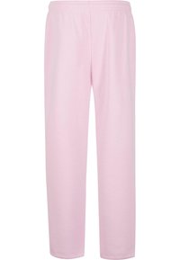 Lyse rosa joggebukser med elastisk midje, rette ben og glatt bomullstekstur. Ingen synlige lommer eller designakenter.