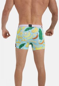 Boxer-briefs avec un fond bleu clair orné de motifs de bananes et de feuilles. Ceinture élastique avec le logo de la marque en noir.