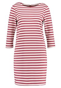 Vestido a rayas con franjas horizontales alternas en rosa y blanco, escote redondo, mangas de tres cuartos y cierre de cremallera en la parte trasera.