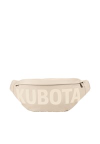 Beżowa nerka wykonana z miękkiego materiału, z wyraźnym białym nadrukiem logo "KUBOTA". Posiada okrągły kształt i zamek błyskawiczny.
