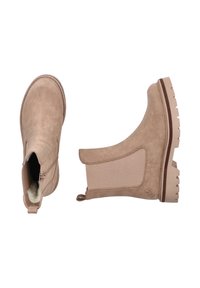 Beige Stiefeletten aus Wildleder mit elastischen Seiteneinsätzen und Gummisohle. Sie verfügen über einen gepolsterten Kragen und eine Lasche hinten für ein einfaches Anziehen.