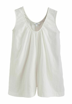 Ärmelloses weißes Damen-Top aus Leinenmischung mit Rundhalsausschnitt und gerafftem Stoffdetail unter dem Kragen.