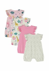Cuatro prendas de bebé: dos con mangas de volante, con estampados de animales y follaje; una de color rosa sólido; una blanca con lunares negros.