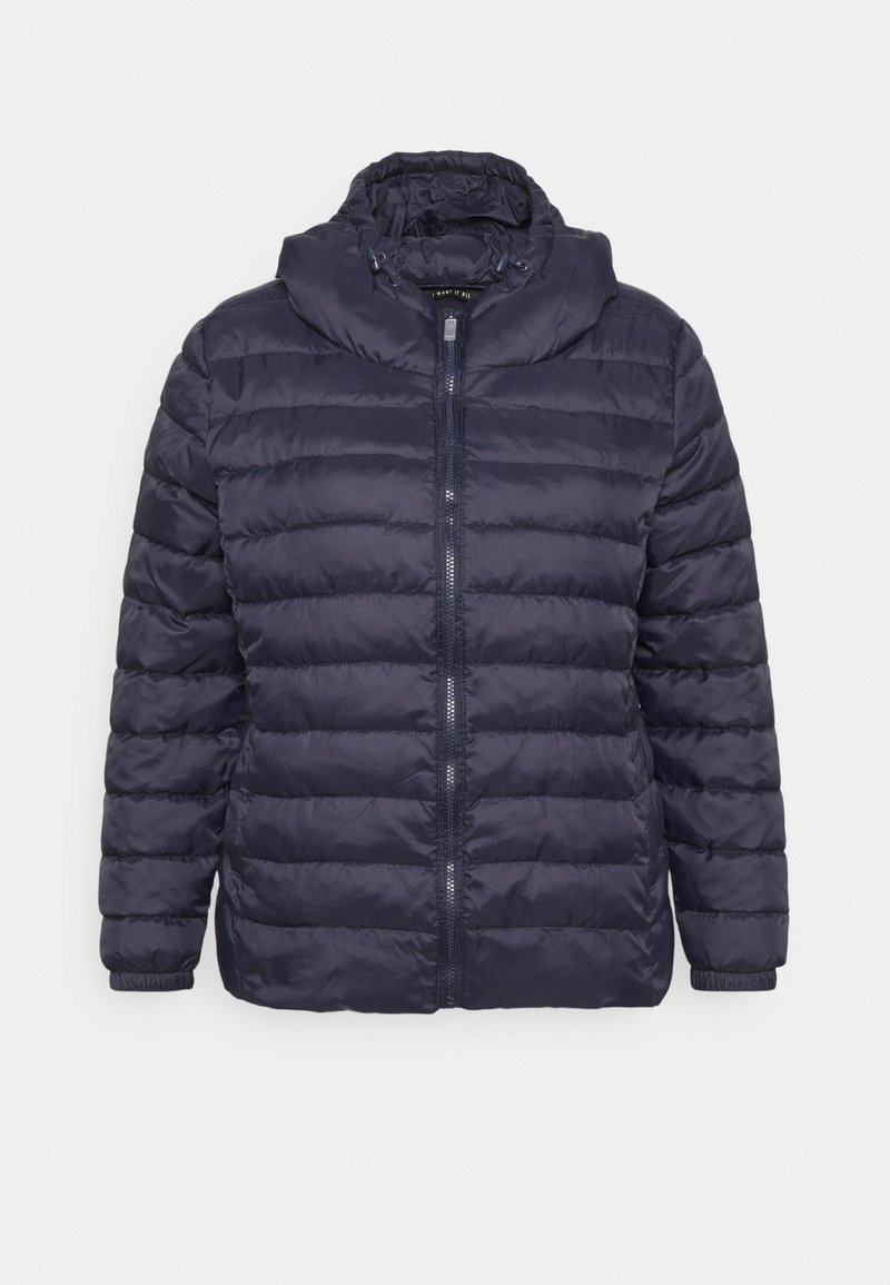 Marineblaue Steppdaunenjacke mit Kapuze, vorne mit Reißverschluss, horizontal gestepptem Muster und elastischen Bündchen. Glatte, leichte Textur.