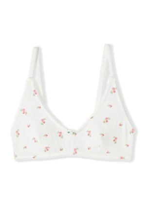 Soutien-gorge blanc à coque souple avec bretelles ajustables et petit motif floral de roses roses, orné d'un minuscule nœud au centre devant.