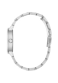 Silver stainless steel watch with a round case and a linked band. The bezel features small gemstones, and the closure is a fold-over clasp.
